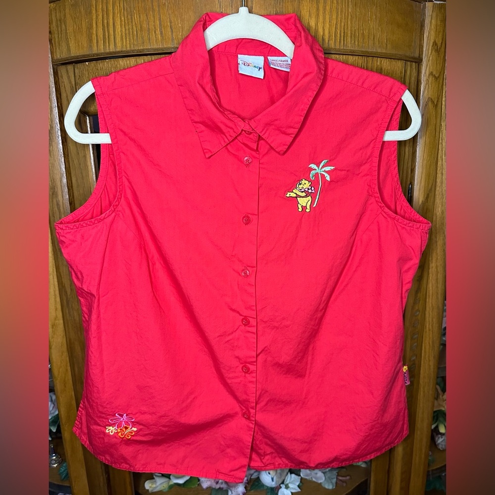 Vintage Disney Winnie The Pooh Aloha Embroidere Button-Up Tank/Shirt Size Large